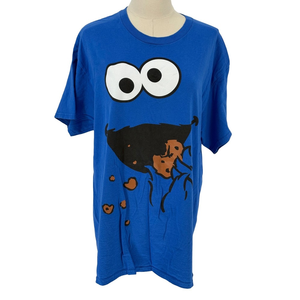 Sesame Street Cookie Monster T-Shirt Blue Graphic Face 100% Cotton L